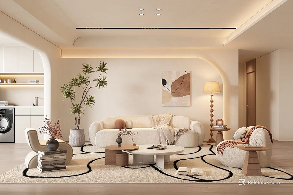 Modern Living Room Interior Design With Cozy Sofa Coffee Table Floor Lamp And Patterned Rug 3d model 