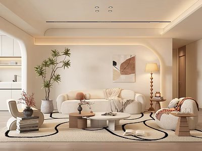 Modern Living Room Interior Design With Cozy Sofa Coffee Table Floor Lamp And Patterned Rug 3d model