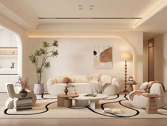 Modern Cream Style Living Room Sofa Combination Curved Sofa Double Sofa Coffee Table Leisure Chair Floor Lamp 3d model