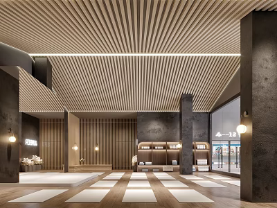 Spacious Fitness Yoga Studio Interior With Wooden Ceiling Aligned Yoga Mats And Storage Cabinets 3d model