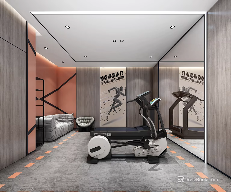 Modern Entertainment Room Interior With Treadmill Sofa Mirror And Stylish Decor 3d model 