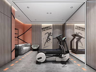 Modern Entertainment Room Interior With Treadmill Sofa Mirror And Stylish Decor 3d model