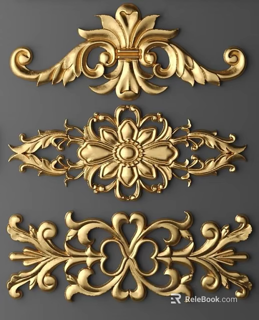 Intricate Ornate Golden Floral Scroll Carvings For Classic Decorative Design Elements 3d model 