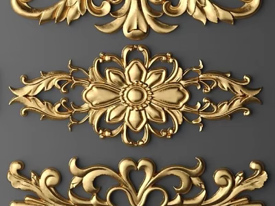 Intricate Ornate Golden Floral Scroll Carvings For Classic Decorative Design Elements 3d model