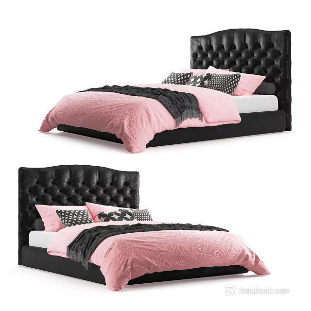 Double Bed With Tufted Black Headboard Pink Bedding And Decorative Pillows 3d model