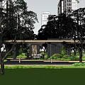 Modern Garden Landscape Design With Pavilion Trees Water Feature And Lush Greenery