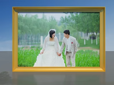 Golden Photo Frame Displaying Newlyweds In Outdoor Grassy Field With Green Trees And Blue Sky 3d model
