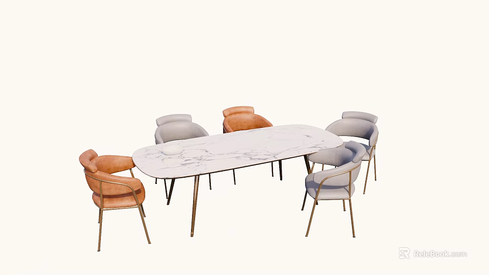 Modern Minimalist Dining Table Set With Oval Marble Top And Gray Orange Chairs 3d model
