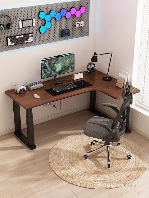 L Shaped Brown Wooden Desk With Ergonomic Gray Chair For Home Office Setup 3d model 