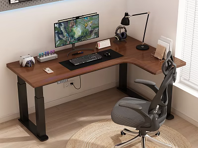 L Shaped Brown Wooden Desk With Ergonomic Gray Chair For Home Office Setup 3d model