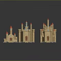 Three Fairy Tale Style Castle Buildings With Red Spires Blue Decorations And Stone Exterior