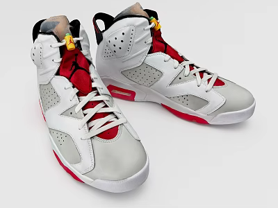 High Top Sneakers White Red Gray Design with Vent Holes White Laces and Decorative Tongue 3d model