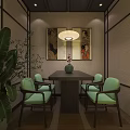 Traditional Hotel Corridor With Wooden Lattice Screens Red Door And Warm Ambient Lighting