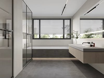 Modern Bathroom Interior With Glass Shower Bathtub Window Blinds And Wooden Vanity 3d model