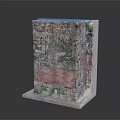 Stone Brick Structure Model With Various Colored Bricks Red Area Graffiti Base And Green Plants 3d model