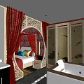Chinese Style Hotel Guest Room With Red Drapes Carved Screens And Decorative Walls