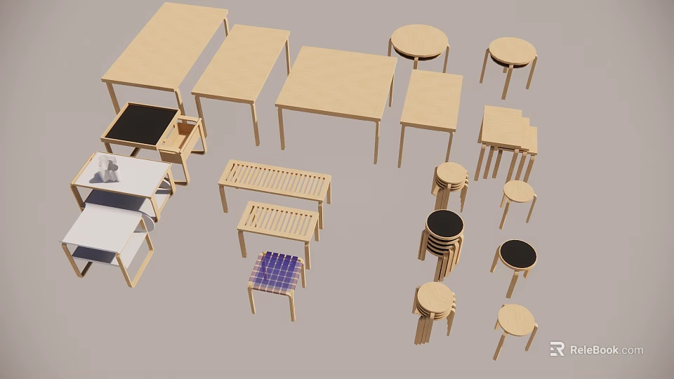 Assorted Wooden Table And Chair Sets With Different Designs And Light Tones 3d model