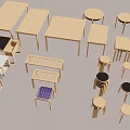 Assorted Wooden Table And Chair Sets With Different Designs And Light Tones 3d model