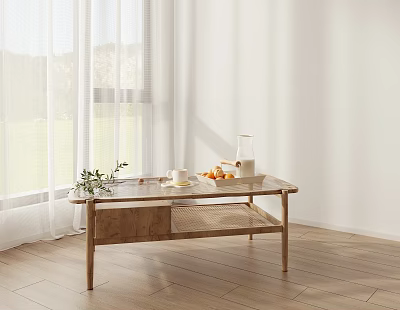 Wooden Coffee Table With Rattan Detail In Bright Room With Natural Light And Decorative Items 3d model