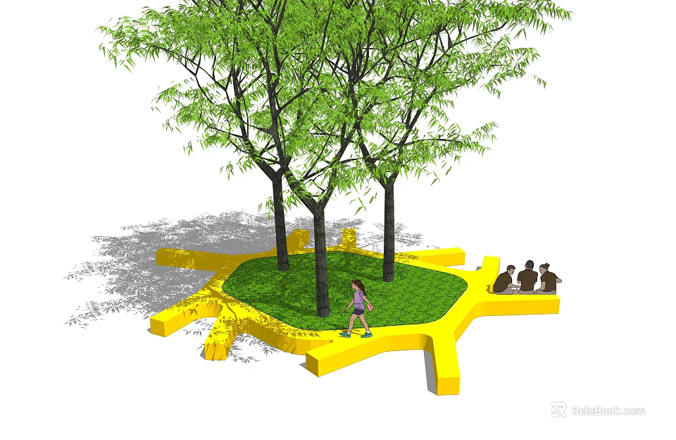 Unique Yellow Landscape Seating Under Trees With Green Grass And People Sitting 3d model 