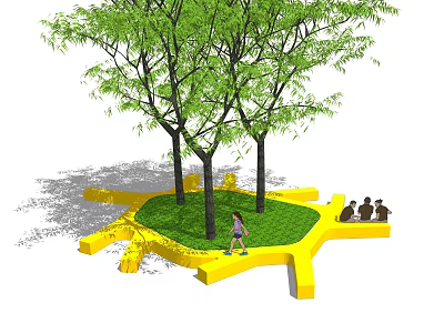 Unique Yellow Landscape Seating Under Trees With Green Grass And People Sitting 3d model