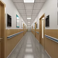 Hospital Corridor Interior With Wooden Handrails Wall Posters And Ceiling Lights 3d model