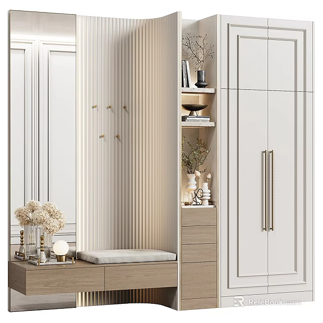 Modern Entryway Cabinet And Side Cabinet With Mirror Hooks Bench And Decorative Items 3d model 