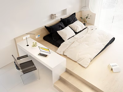 Modern Bedroom Interior Design With Platform Bed Desk Chair Plants And Window 3d model