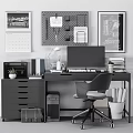 Modern Office Desk Featuring Computer Monitor Printer Desk Lamp Calendar And Decorative Posters