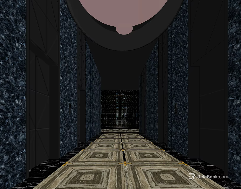 Luxurious Elevator Corridor With Dark Stone Walls And Geometric Patterned Floor 3d model
