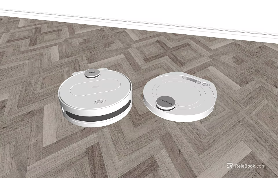 Two White Robot Vacuum Cleaners As Daily Use Appliances On Wooden Floor 3d model 