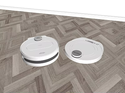 Two White Robot Vacuum Cleaners As Daily Use Appliances On Wooden Floor 3d model