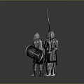 Three Medieval Knights In Shining Armor Holding Swords Spears And Shields On Gray Background