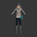 Woman Wearing Gray Hat Light Sweater Blue Scarf Turquoise Bag Dark Leggings And White Boots