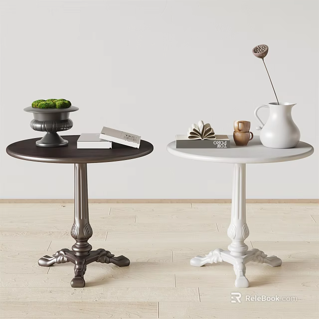 Dark and White Side Tables with Carved Bases and Decorative Green Bowl White Pitcher 3d model 