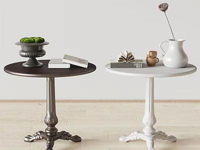 Dark and White Side Tables with Carved Bases and Decorative Green Bowl White Pitcher 3d model