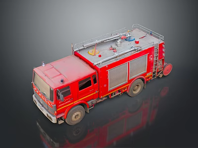 Red Emergency Fire Truck With Ladder And Rescue Equipment On Gray Background 3d model