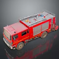 Red Emergency Fire Truck With Ladder And Rescue Equipment On Gray Background