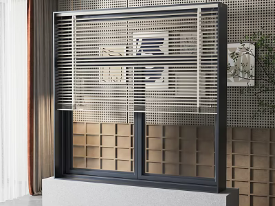 Modern Window Interior With Black Frame Beige Blinds And Decorative Artwork 3d model
