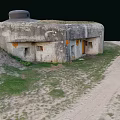 Old Concrete Bunker Structure With Grass Covered Roof Yellow Door And Round Markers
