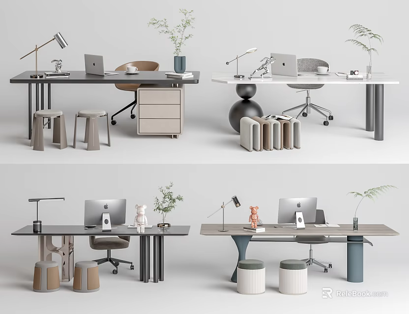 Modern Office Desk Setup With Laptop Desk Lamp Potted Plant And Storage Cabinet 3d model 
