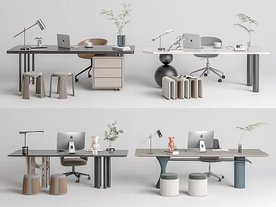 Modern Office Desk Setup With Laptop Desk Lamp Potted Plant And Storage Cabinet 3d model
