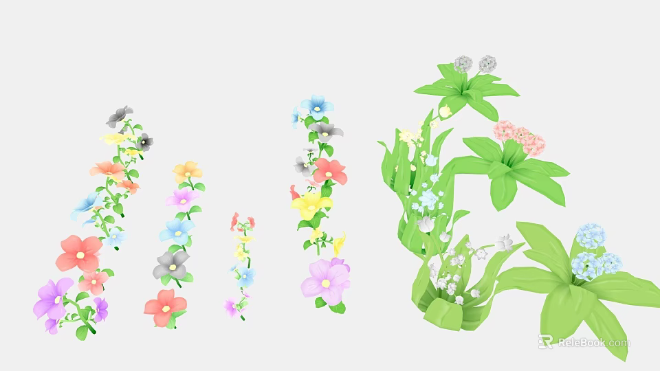 Colorful Garden Plants With Various Flowers In Pink Yellow Blue Purple And Green Leaves 3d model 