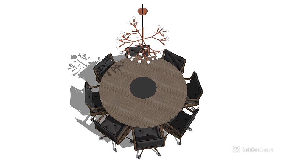 Modern Round Dining Table Set With Six Black Chairs And Red Branch Chandelier 3d model 