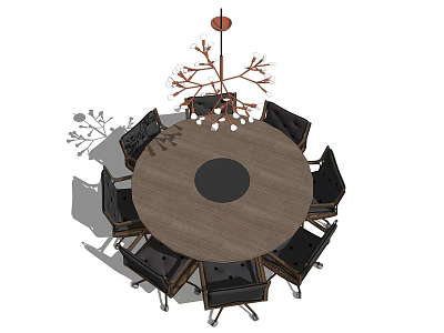 Modern Round Dining Table Set With Six Black Chairs And Red Branch Chandelier 3d model