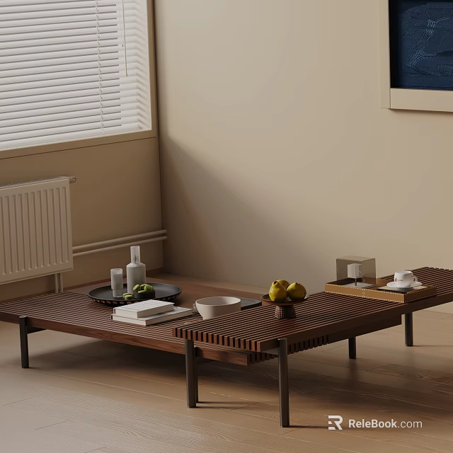 Minimalist Sofa Coffee Table Set with Brown Wood Surface Fruits Cups Tray near Window Blinds 3d model 