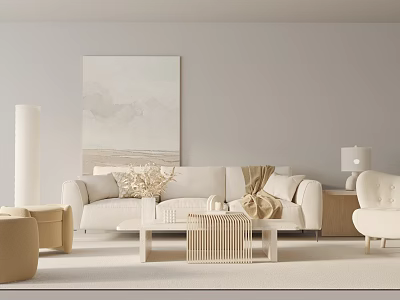 Modern Sofa and Coffee Table Set in Neutral Living Interior With Wall Art 3d model