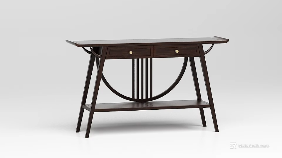 Modern Dark Wood Entryway Console Table With Two Drawers Metal Knobs And Lower Shelf 3d model 