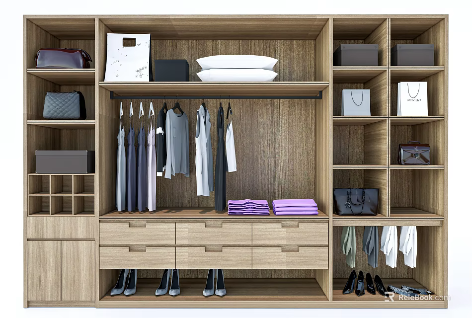 Modern Wooden Wardrobe Design With Hanging Clothes Drawers Folded Clothes Bags And Shoes 3d model 