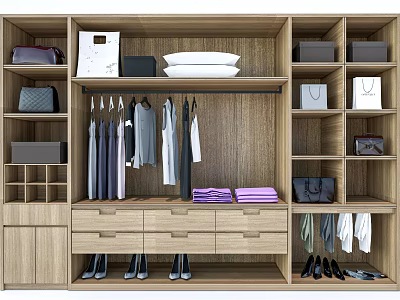 Modern Wooden Wardrobe Design With Hanging Clothes Drawers Folded Clothes Bags And Shoes 3d model